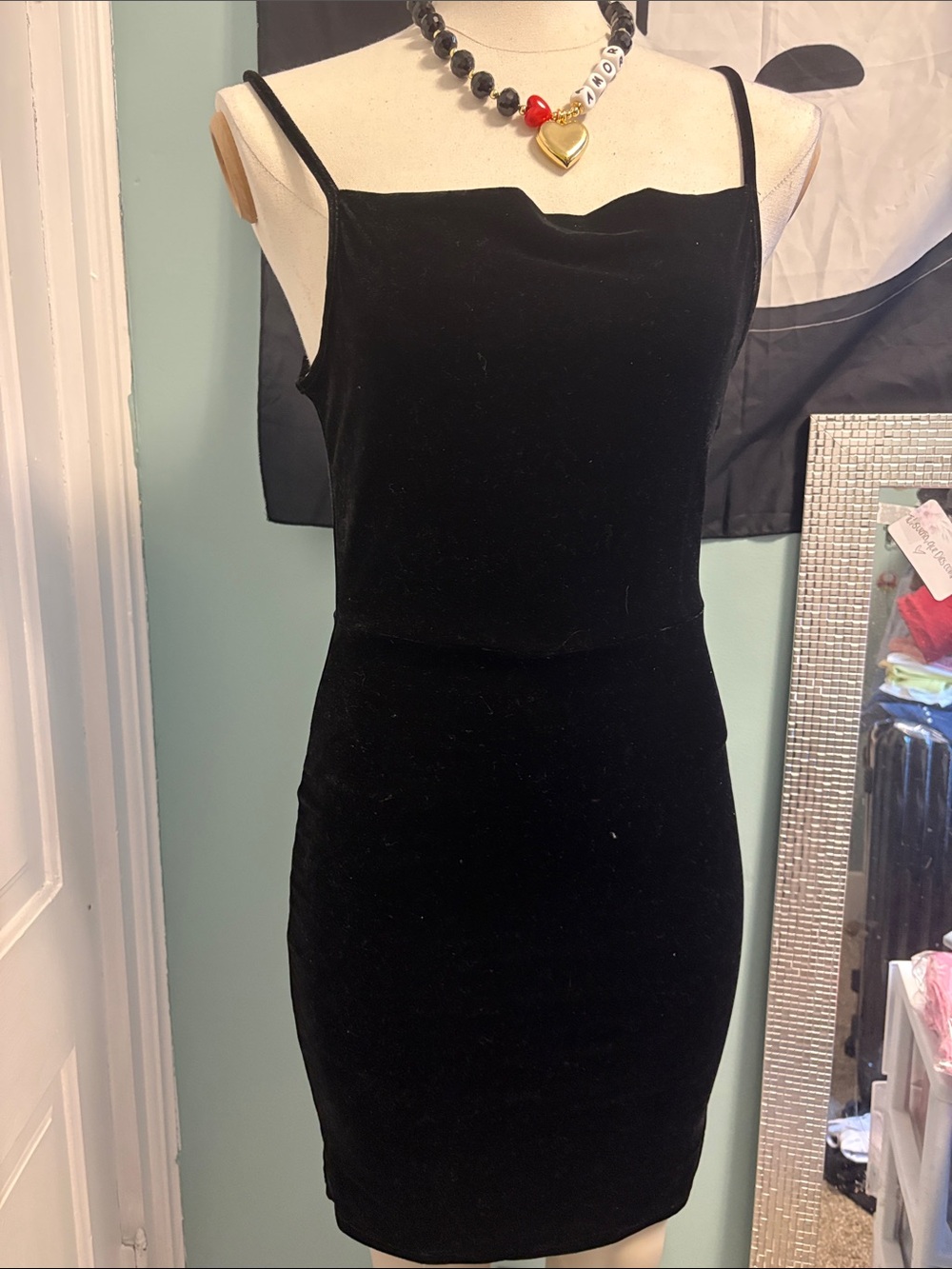 Black Velvet Mini Slip Dress with Square Notch Neckline